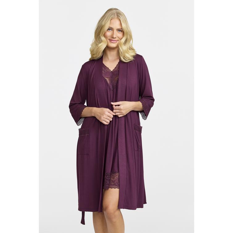Damella dressing gown with lace Plum