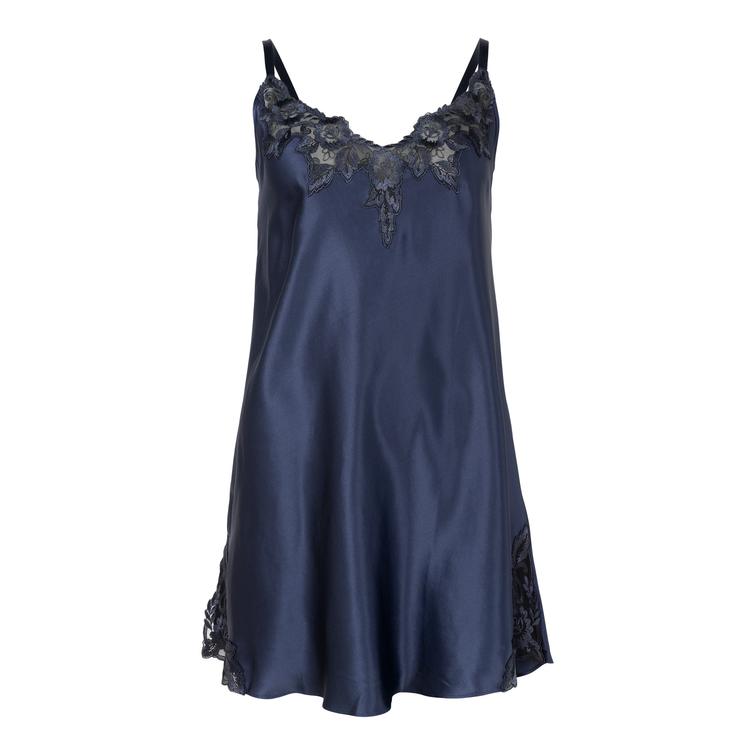 Lady Avenue Pure Silk nightdress with lace Indigo