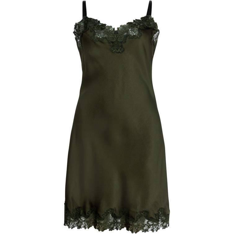 Lady Avenue Pure Silk nightdress with lace Deep Forest