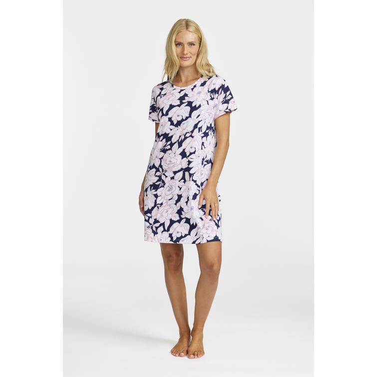 Damella nightdress with short sleeves Pink/Navy Flower