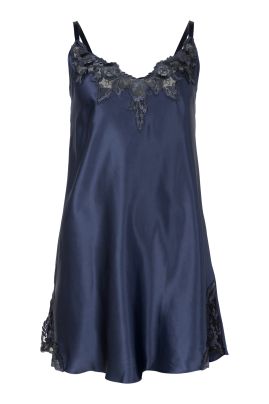Lady Avenue Pure Silk nightdress with lace Indigo